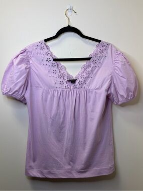 J. Crew Lavender Eyelet V-Neck Puff Sleeve Top
